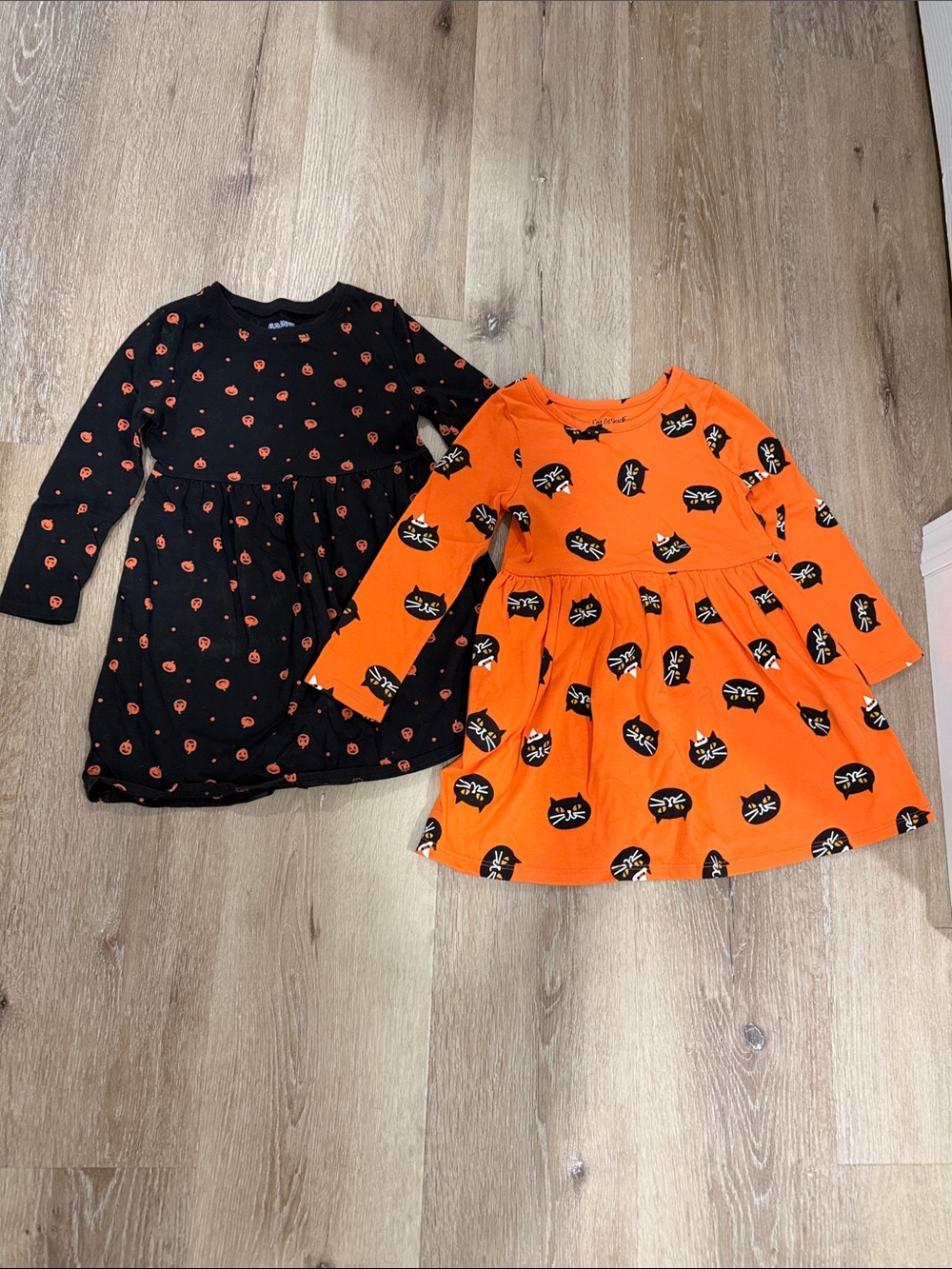 Kids Long-Sleeve Halloween Cat and Pumpkin Print Dress Bundle  - Orange 4T